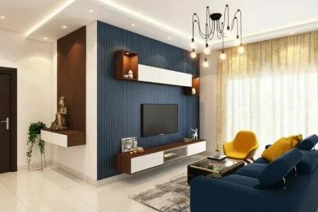 Farben in Wohnräumen: Zimmer mt blauer Wand und gelben Sesseln | VOIIA.de