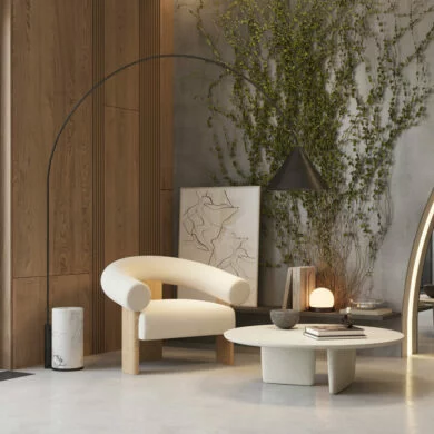 Einrichtungstrends 2023: Modernes Wohnzimmer mit runden Möbeln