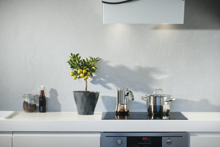 Weiße Küche welche Arbeitsplatte: Helle Küchenplatte mit Pflanzen und Töpfen