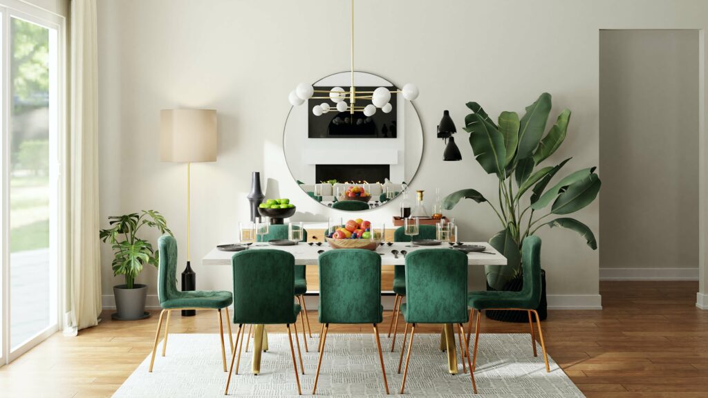 Wohnung verschönern: Esszimmer mit grünen Stühlen