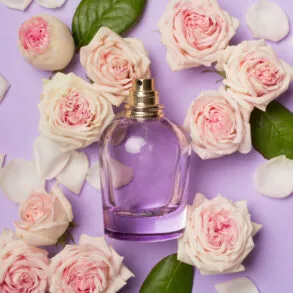 Rosenparfum: Parfumflasche auf rosafarbenen Rosen vor lila Hintergrund