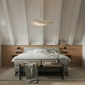 Welches Holz passt zu Grau? Schlafzimmer mit hellem Holz und grauem Bett